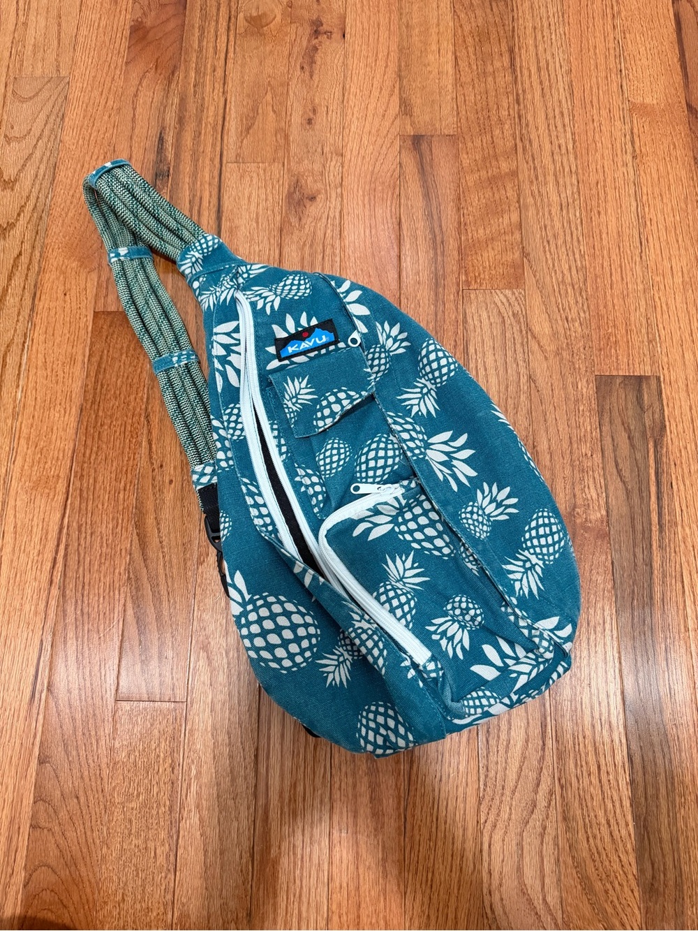 Kavu Teal Pineapple Pattern Sling Bag with White Accents